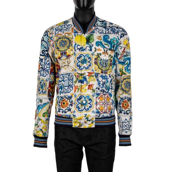 Majolica and lemon printed jacket style cotton shirt with knitted details and pockets by DOLCE & GABBANA