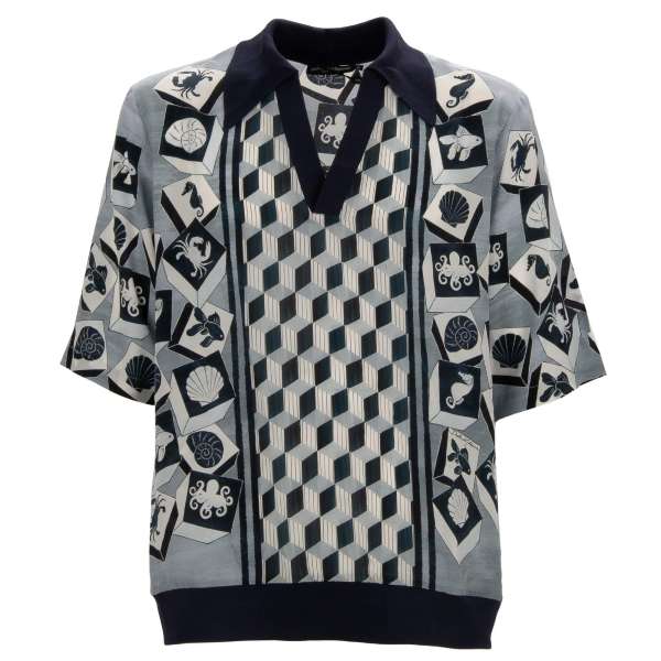 Silk Polo Shirt with Gio Ponti Design and sea life print in blue and white by DOLCE & GABBANA