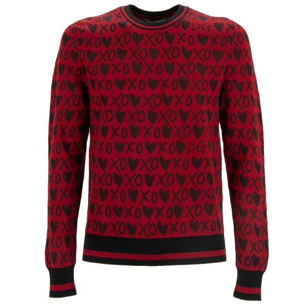 Pullover / Sweatshirt aus Schurwolle mit XO Herz DG Logo Muster in Rot und Schwarz von DOLCE & GABBANA