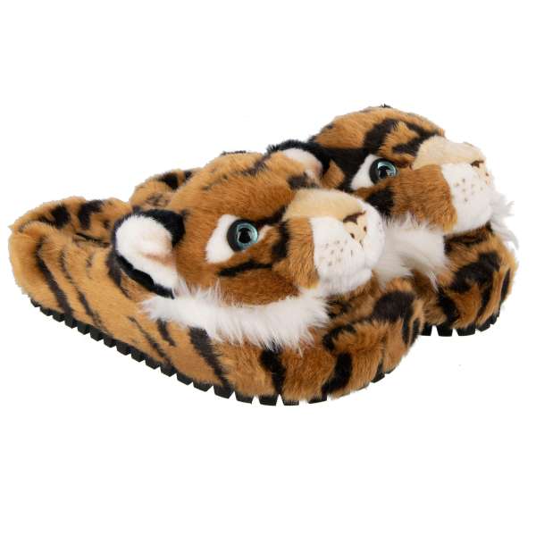 Faux fur Tiger slipper shoes SAINT BARTH with rubber sole in Brown by DOLCE & GABBANA