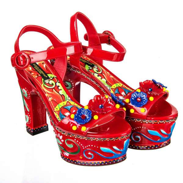 Patent Leather Plateau Sandals BIANCA with hand painted Carretto motive and plastic flowers with crystals and pearls in red by DOLCE & GABBANA Black Label