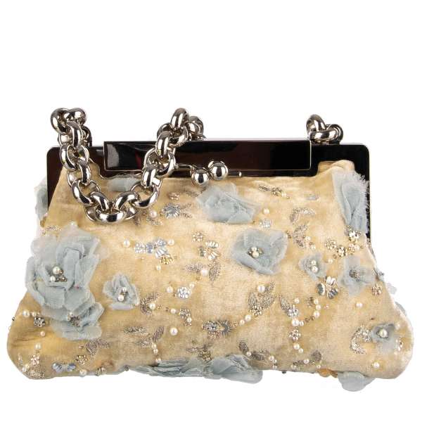 Floral embroidered velvet clutch / evening bag AGATA with small pearls and chain strap by DOLCE & GABBANA