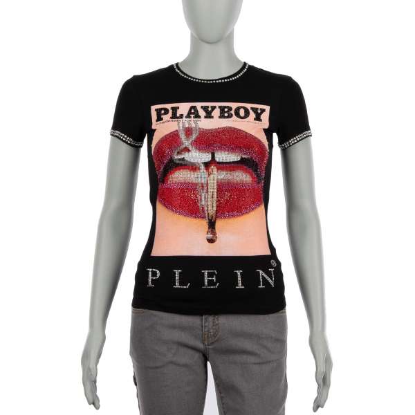 Women's T-Shirt with a crystals graphic print of a magazine cover of Lauren Young's lips at the front and crystals embellished PLAYBOY PLEIN lettering at the back by PHILIPP PLEIN x PLAYBOY