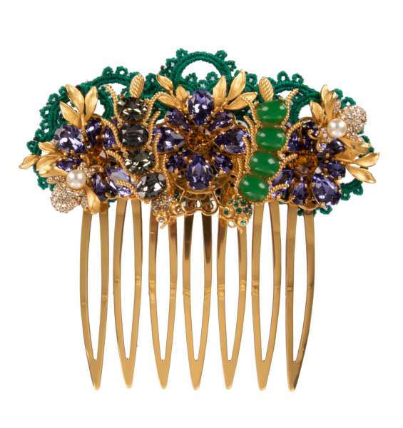 Filigraner Haarkamm / Haarspange aus Messing verziert mit Kristallen, Käfer, Blumen und Spitze in Gold von DOLCE & GABBANA