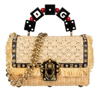 Raffia Straw Shoulder Bag LUCIA with Studs and Dices Handle Beige Black