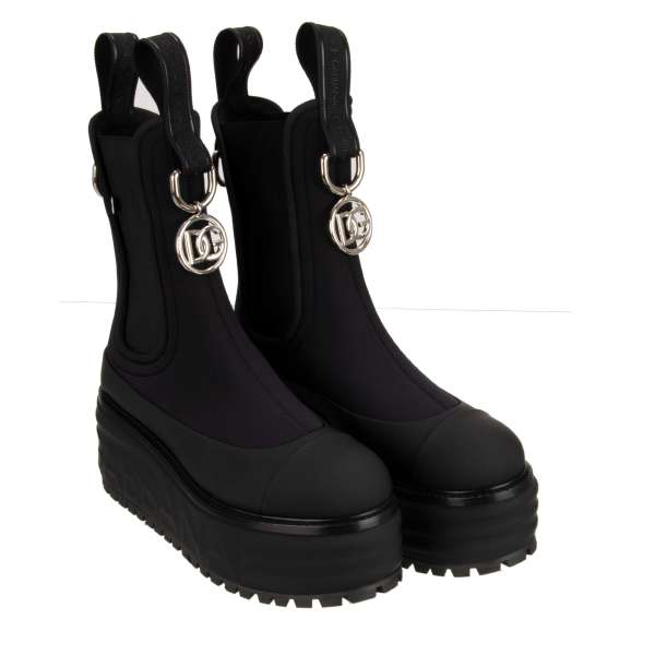 BERNINI Plateau Neoprene and Leather Boots with DG metal logo pendant in front in black by DOLCE & GABBANA
