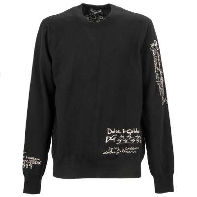 Kaschmir Pullover mit Logo Schrift Stickerei Schwarz 54 XL