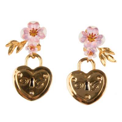 Cherry Flower Heart Locket Clip Earrings Gold Pink