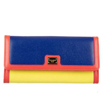 Dauphine Leather Long Wallet with Logo Blue Pink Yellow