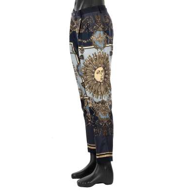 Silk Dress Trousers with Sun Baroque Print Blue Gold 48 M