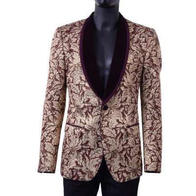 Jacquard Tuxedo Blazer mit Samt Reverse Gold Bordeaux 44 XS