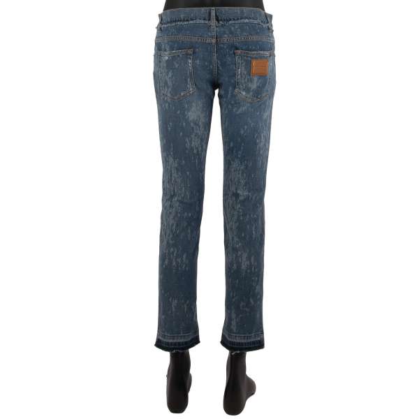 5-pockets Distressed Jeans SKINNY with washed pattern and DG leather logo on the back in blue by DOLCE & GABBANA
