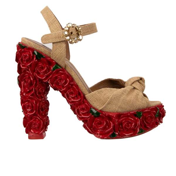 Hand painted roses heel platform jute sandals BIANCA with crystal buckle in beige and red by DOLCE & GABBANA