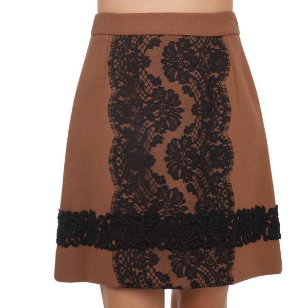 Virgin wool skirt with a floral lace applications by DOLCE & GABBANA