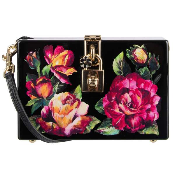 Abendtasche / Schultertasche / Clutch DOLCE BOX aus Holz mit dekorativem Schloss und Rosen und Logo Print von DOLCE & GABBANA