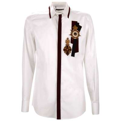 Coat of Arms Crown Embroidery GOLD Cotton Shirt White 41 M L