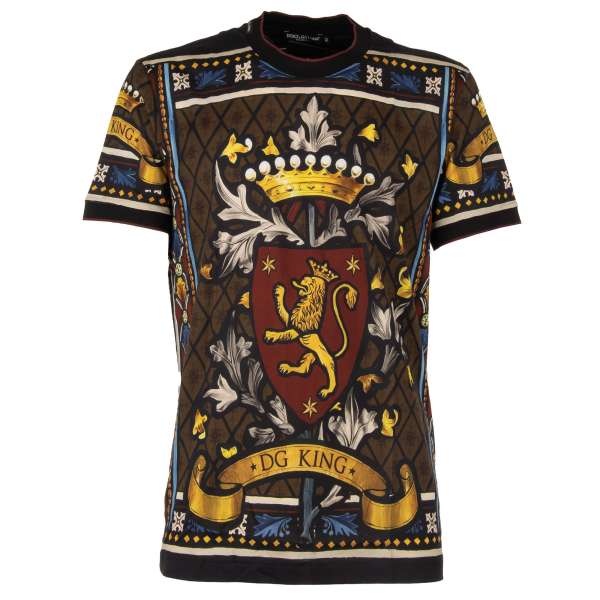 Cotton T-Shirt with DG King, Lion and Crown print, ripped details in blue, yellow and black by DOLCE & GABBANA