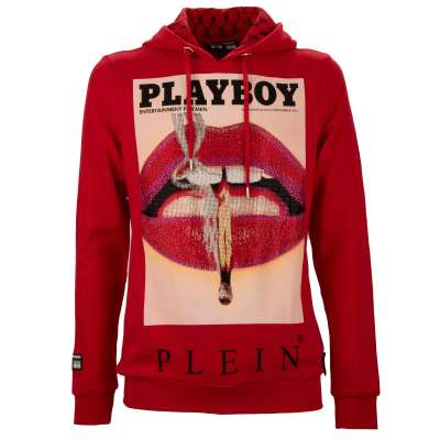 Lips Logo Printed Hoodie Sweater with Crystals Red
