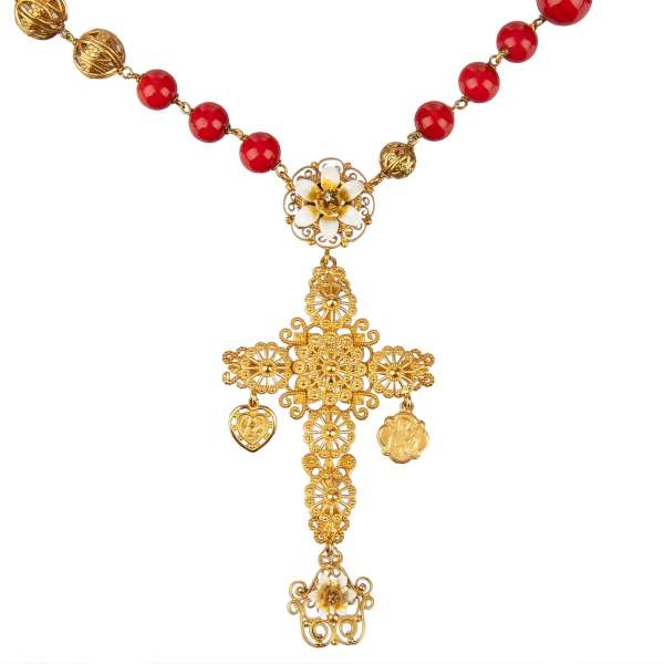 Baroque "Sicilia" chain necklace with filigree cross embellished with flowers and Madonna pendant in red and gold by DOLCE & GABBANA