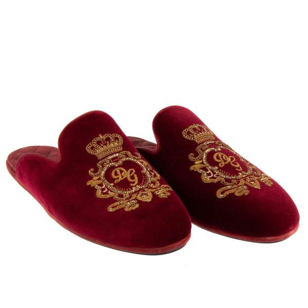 Velvet slipper shoes YOUNG POPE with goldwork and pearls hand made DG crown logo embroidery in red by DOLCE & GABBANA