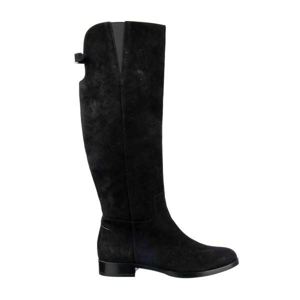 Flat, suede boots with logo plaque on the back in black by DOLCE & GABBANA Black Label