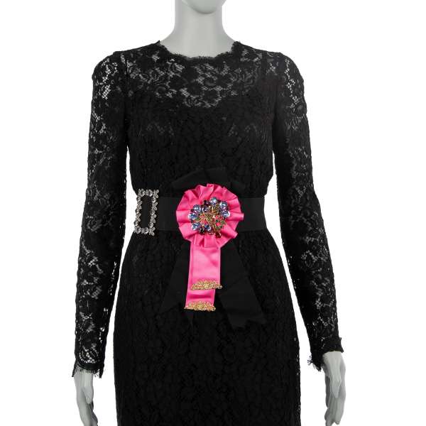 Baroque Belt for dress with crystal and brass flower brooches and silk ribbon in black and pink by DOLCE & GABBANA Black Label