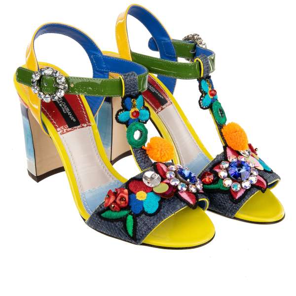 Patent Leather Sandals KEIRA embellished with raffia, crystal brooch and embroidery in red, yellow, blue and green by DOLCE & GABBANA