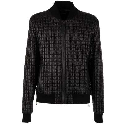 Quilted Nylon Bomber Jacket with Zips and Leather Details Black