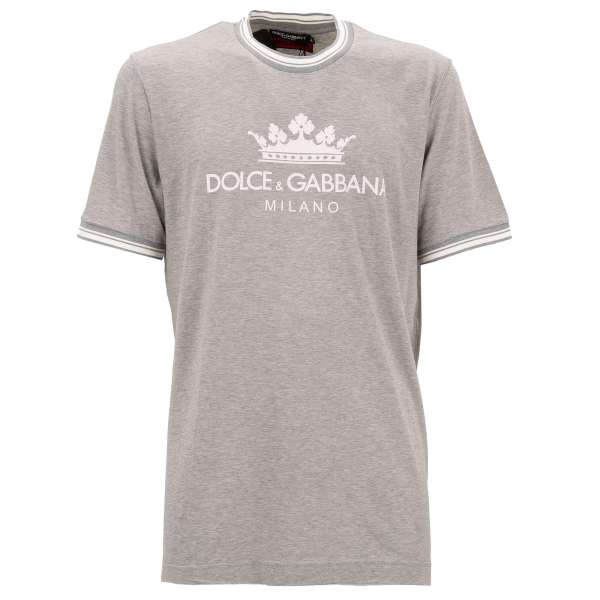 Cotton T-Shirt with Crown and Milano Logo Print in gray and white by DOLCE & GABBANA