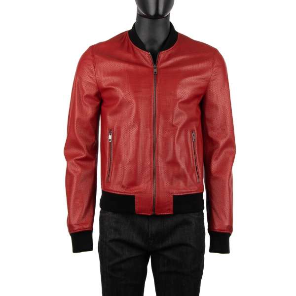 Perforated bomber style leather jacket made of nappa leather with knitted contrast waist and cuffs by DOLCE & GABBANA