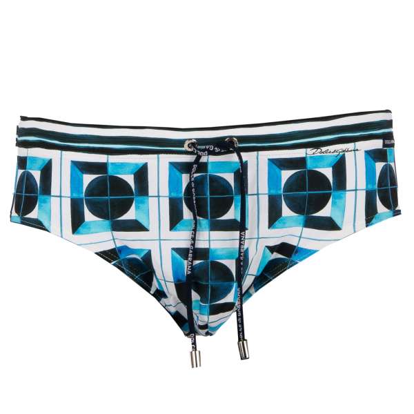 Elastic Swim / Brief trunks with by Gio Ponti inspired ceramic print and logo patch by DOLCE & GABBANA Beachwear