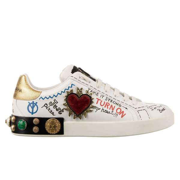 Graffiti Print Low-Top Sneaker PORTOFINO Light with heart patch, pearls, studs applications and embroidery in white and gold by DOLCE & GABBANA