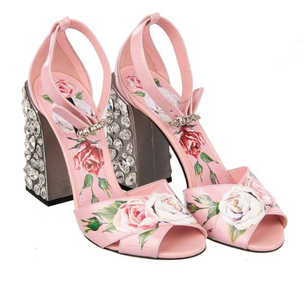Patent Leather Roses Sandals KEIRA with crystals embellished heel in pink and silver by DOLCE & GABBANA
