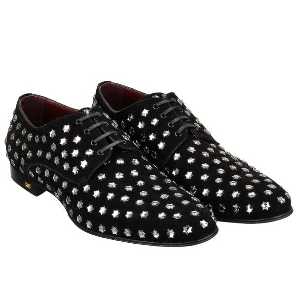 Suede leather derby shoes POSITANO with crystal stars applications and DG gold metal logo in black by DOLCE & GABBANA