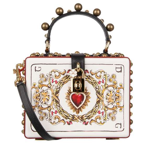 Unique dauphine leather clutch / shoulder bag DOLCE BOX with card and logo print, studs, and decorative padlock by DOLCE & GABBANA