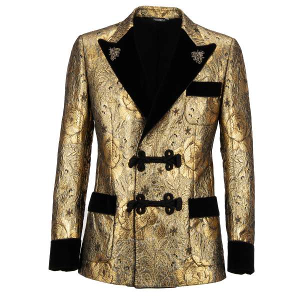 Floral Baroque Style lurex tuxedo / blazer in gold and black with crystal bee embroidery, rope fastening and contrast black velvet peak lapel, cuffs and pockets by DOLCE & GABBANA