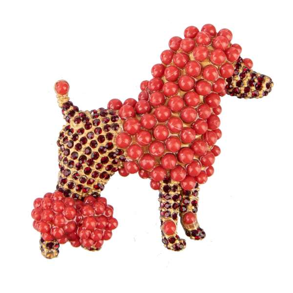 Metal Dog Brooch with pearls and crystals in Gold and Red by DOLCE & GABBANA