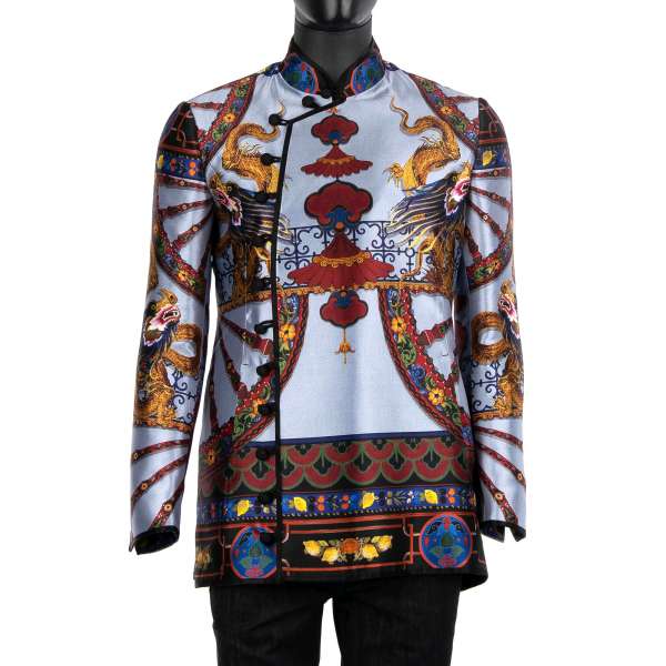 Silk blazer / jacket with Chinese Dragon, Lemon and Carretto Sicily Print and side button closure by DOLCE & GABBANA