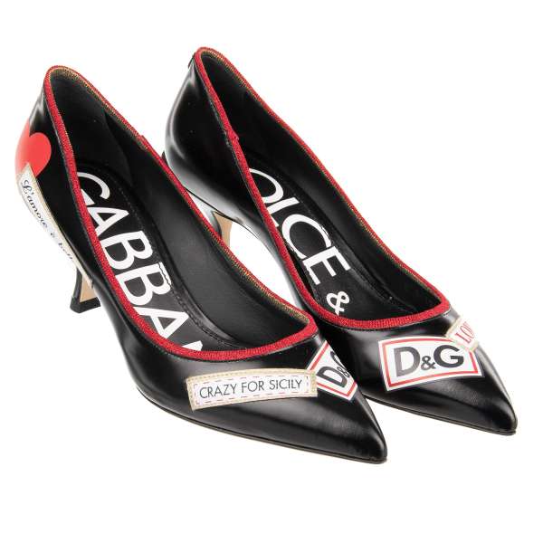 Leather Pumps LORI with Crazy for Sicily, L'amore, heart, D&G patches and fabric lurex decoration in black and red by DOLCE & GABBANA