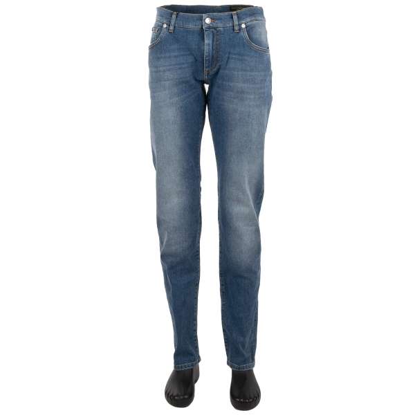 5-pockets Stretch Jeans GOLD with a silver metal logo plate and logo sticker by DOLCE & GABBANA