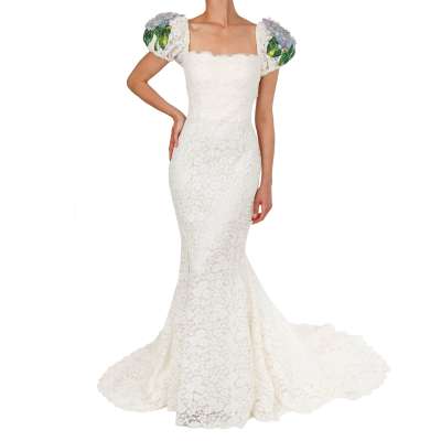Hochzeit Blumen Spitze Perlen Hortensien Stickerei Maxi Kleid mit Schleppe Weiß 46 M L 