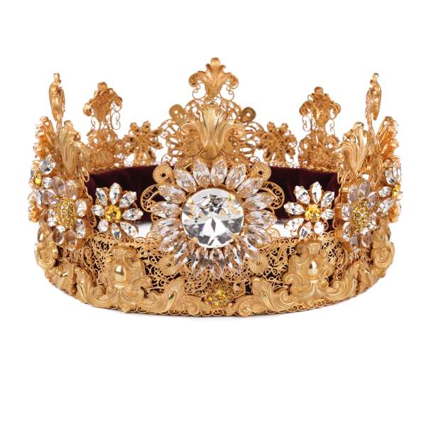 Filigree Baroque Crown with crystals marguerite flowers with purple velvet cushion inside in Gold by DOLCE & GABBANA