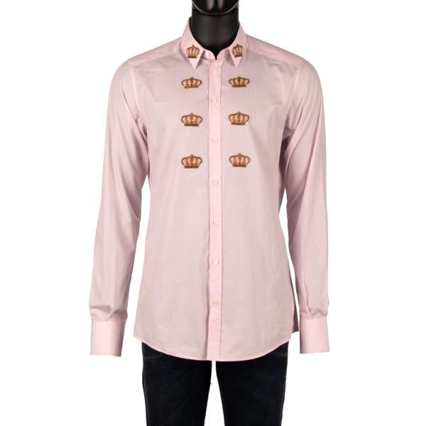 Cotton shirt with velvet and goldwork crowns embroidery in pink by DOLCE & GABBANA GOLD Line