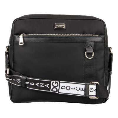 Nylon Crossbody Messenger Bag with Leather Details and Logo Strap Black