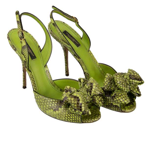 Snake leather Heels Sandals KEIRA with bows in green by DOLCE & GABBANA