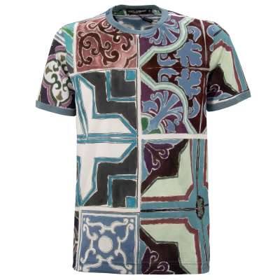 Majolika Print Baumwolle T-Shirt Grün Blau Bordeaux Weiß 48 M  