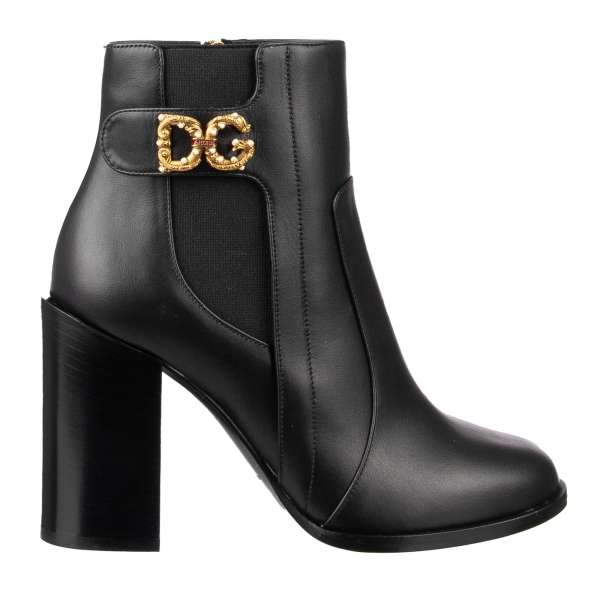 Leather Boots JANE with metal DG Amore pearl brooch in black by DOLCE & GABBANA