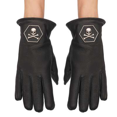 Metal Skull Logo Fulton Leather Cashmere Gloves Black 7.5