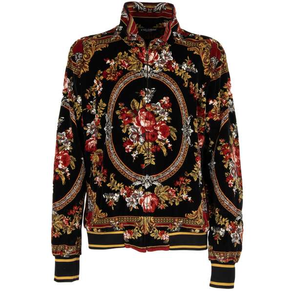 Velvet jacket with baroque style floral print, knitted details and zip pockets by DOLCE & GABBANA
