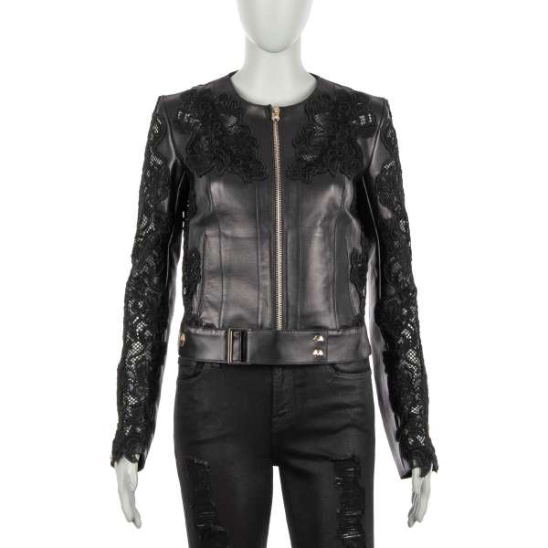 Leather Biker Jacket KILLING ME SOFTLY with floral lace embroidery in black by PHILIPP PLEIN COUTURE